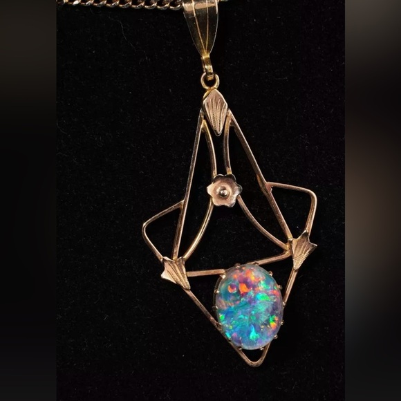 Antique Art Nouveau Australian Opal Triplet Lavaliere Pendant 9K Gold - Picture 7 of 15